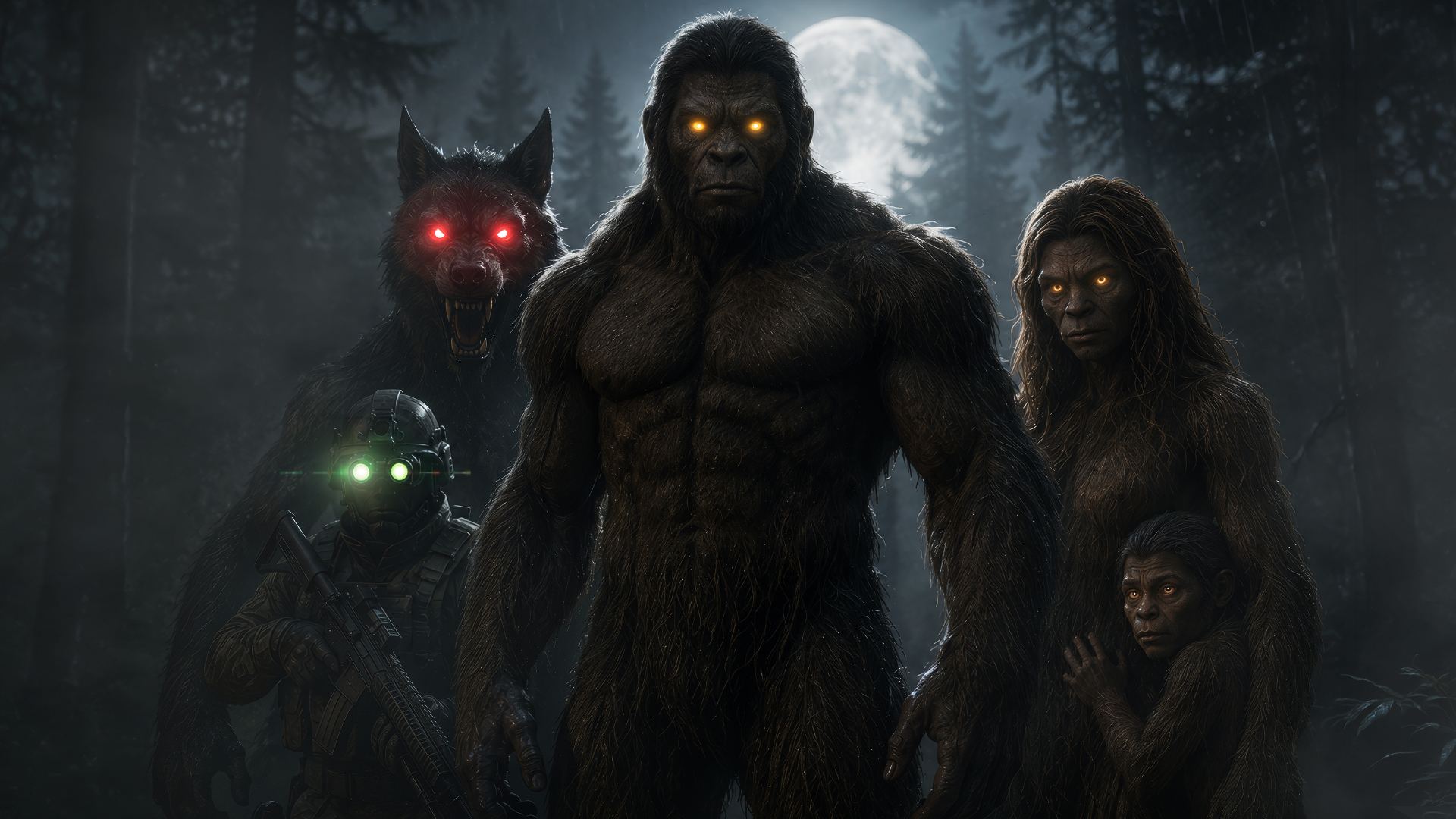Sasquatch Nations key art — Toma'quon flanked by Dogman, a Skinwalker, a Hairy Woman, and an armed hunter under a full moon