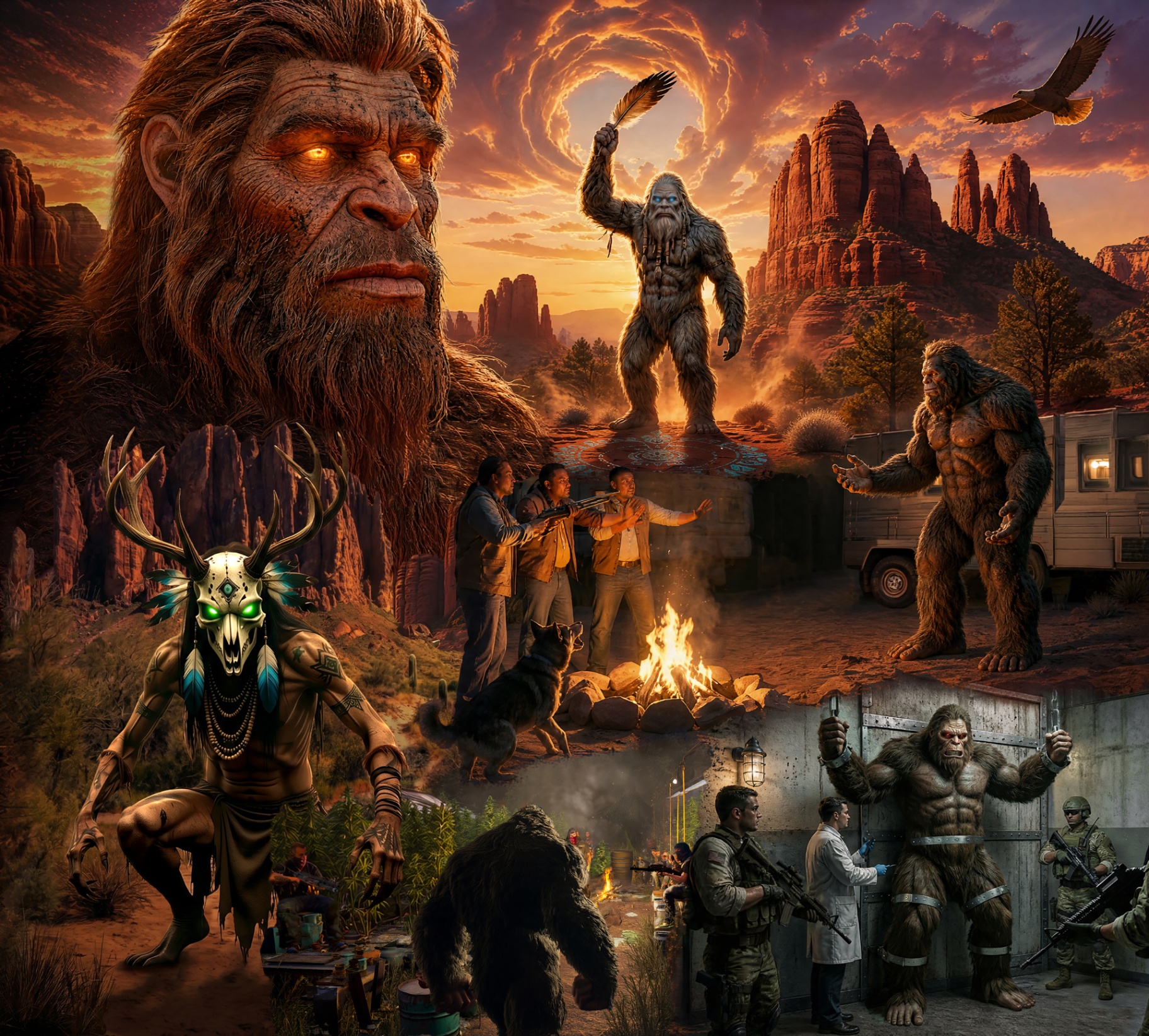 Arizona storyline key art — a Sasquatch in red rock desert with a Skinwalker shadow