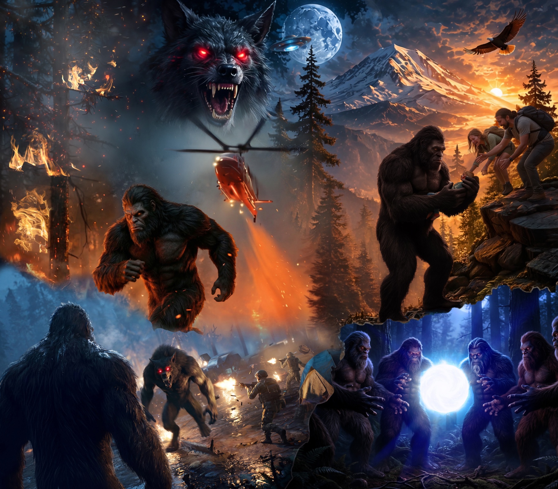 Pacific Northwest storyline key art — a young Sasquatch in a misty redwood valley