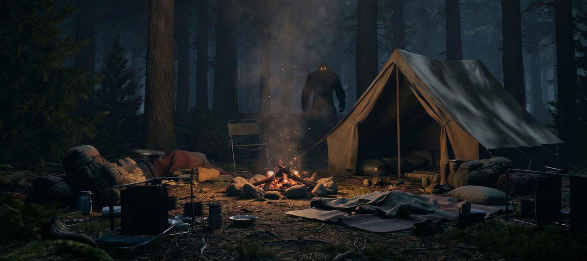 A Sasquatch lurks near a campfire and tent at night
