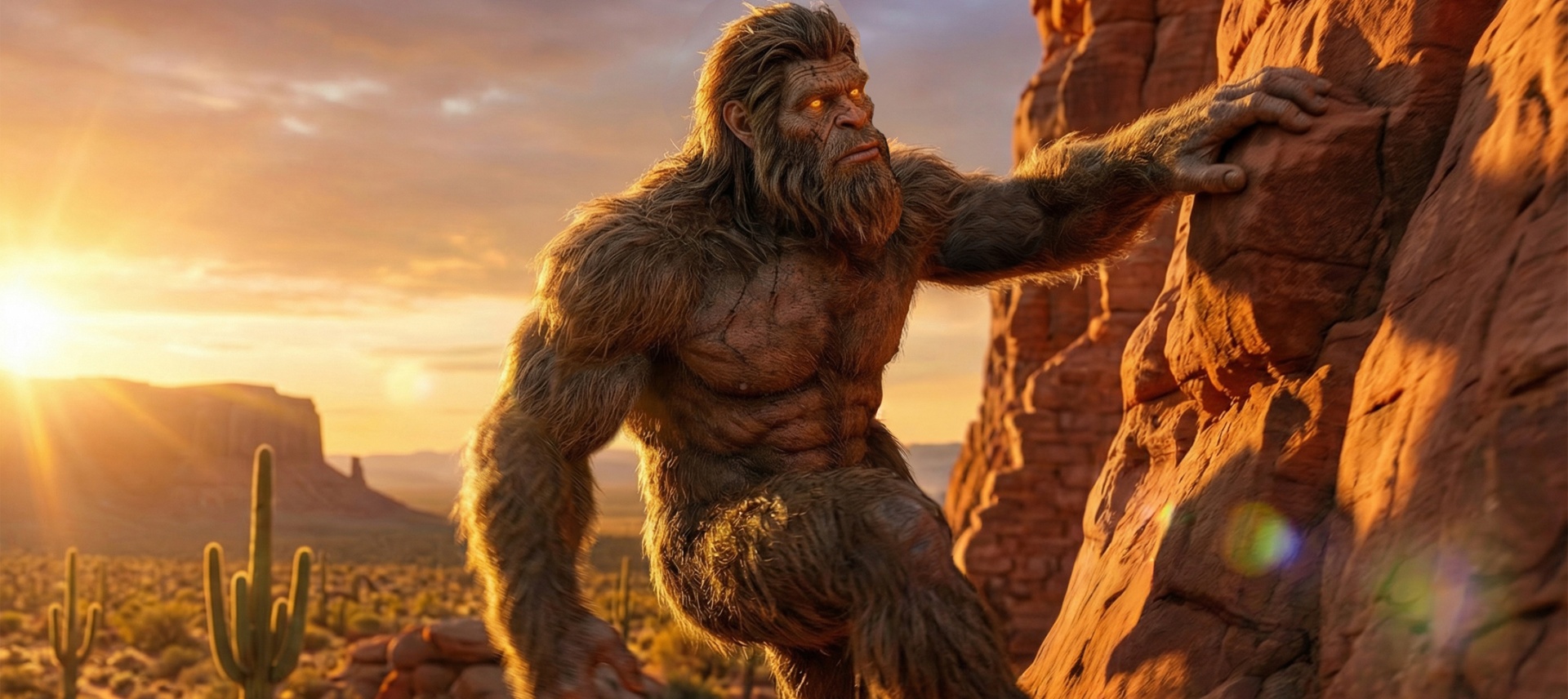 A Sasquatch climbs red rock cliffs at sunset