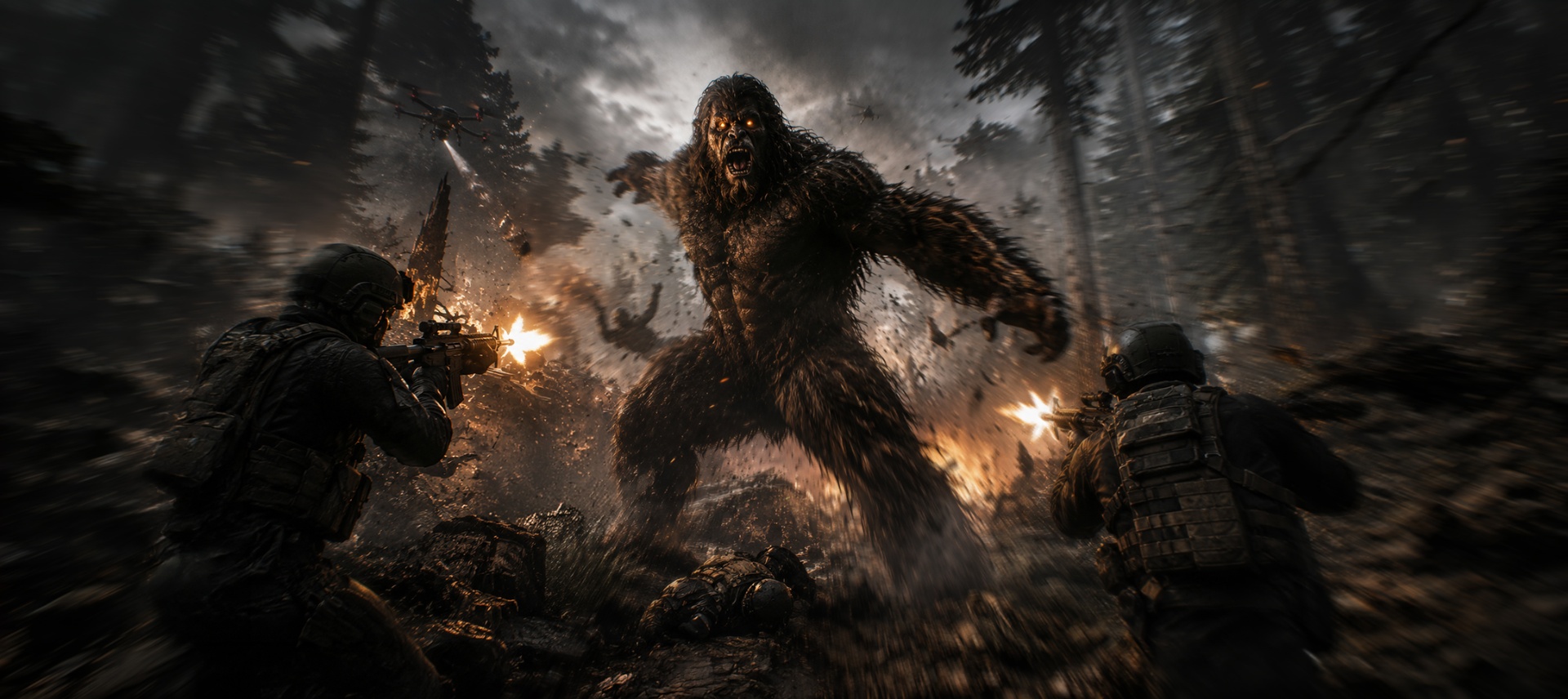 A raging Sasquatch confronts armed soldiers in a storm