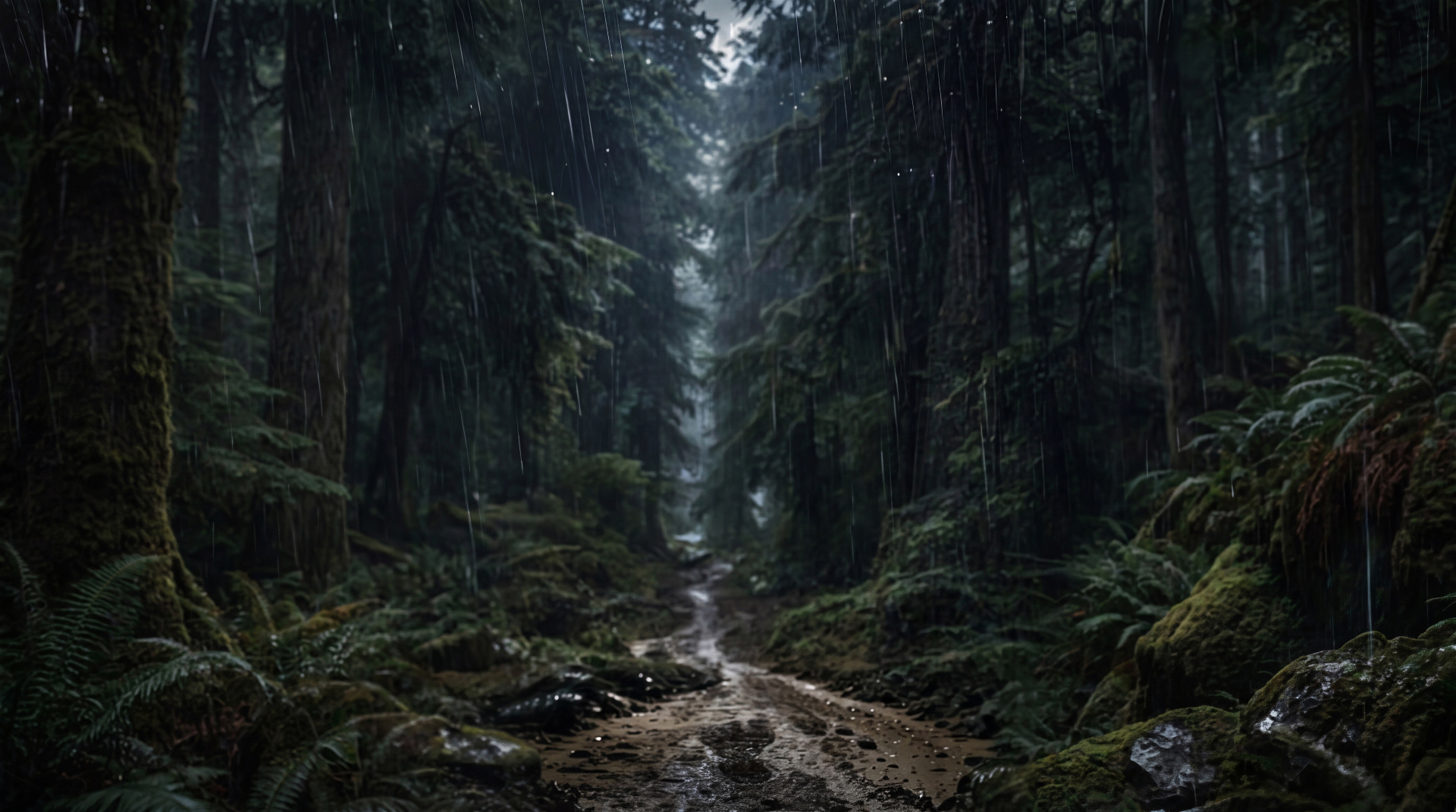 Rain-soaked forest trail deep in the Pacific Northwest