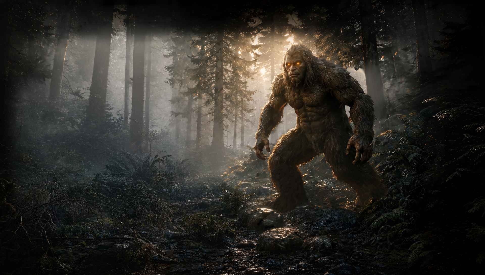 Two Sasquatch confront one another in a sunlit forest