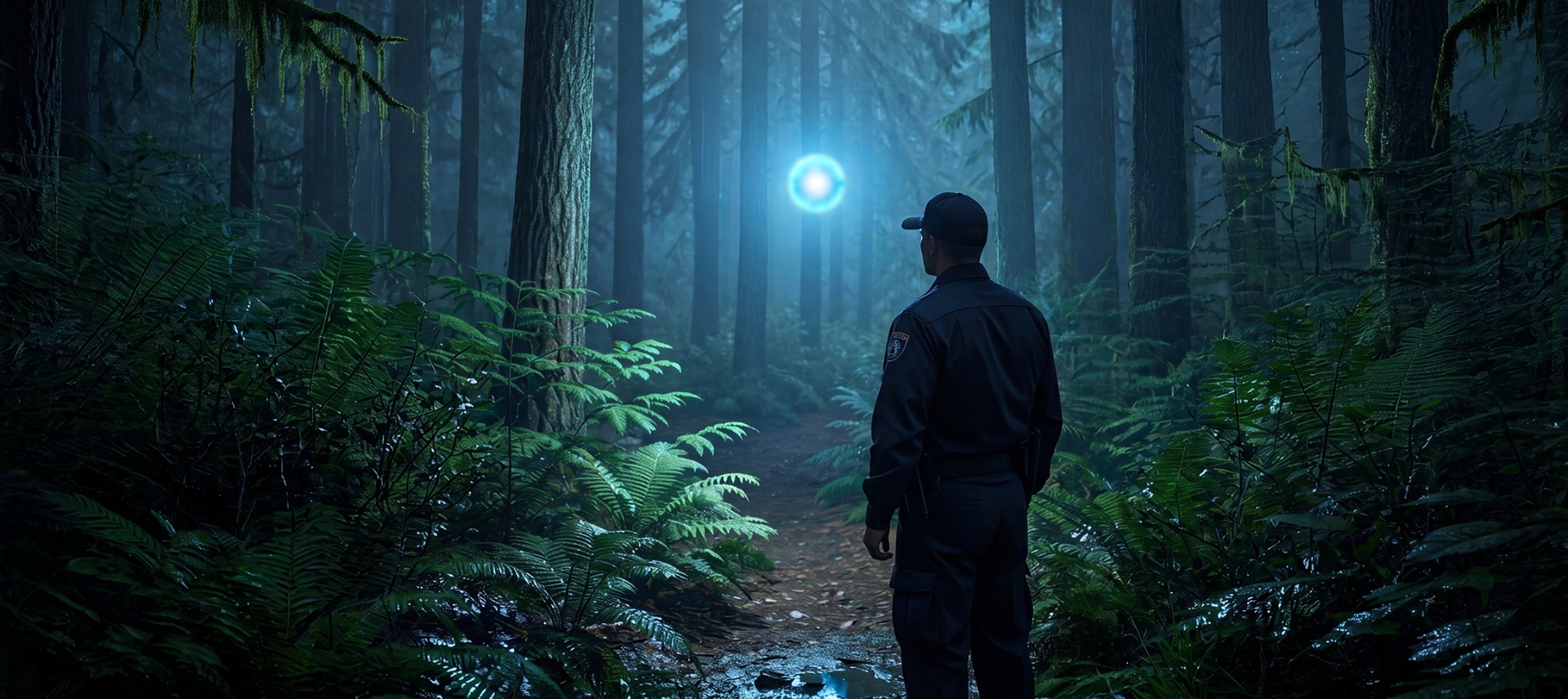 A ranger watches a glowing blue orb hover in a dark forest