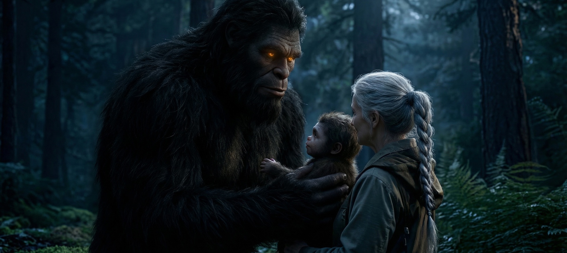 A Sasquatch and elder woman cradle a young hybrid child in the forest
